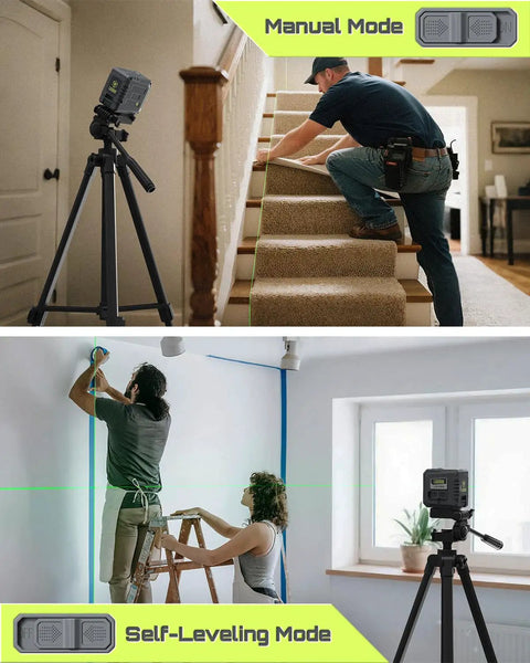 Mini Self-Leveling Green Laser Level for Picture Hanging and Construction, Cross Line Laser with Precise Level and Plumb, Includes Magnetic Rotating Stand and Batteries, Ultra Compact, Portable Go-To DIY Tool for Home Reno on tripod