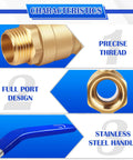 Image showing characteristics of Full Port Three Quarter Inch Beefy Brass Ball Valve 2 Pack, with precise thread, full port design, stainless steel handle.