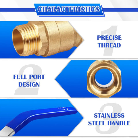 Image showing characteristics of Full Port Three Quarter Inch Beefy Brass Ball Valve 2 Pack, with precise thread, full port design, stainless steel handle.