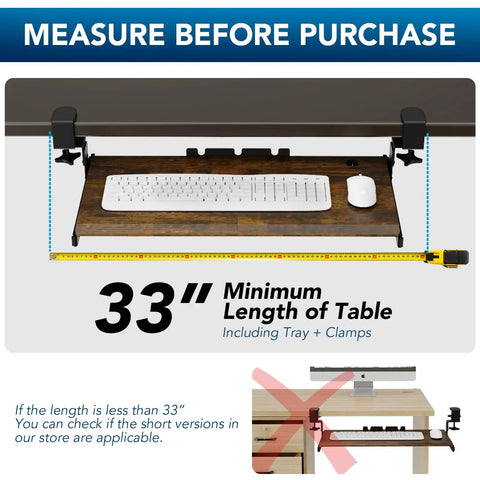 Under Desk Keyboard Tray With Sturdy C Clamp Mount, 32.5 Inch Clamp To Clamp Length, 27.3 Inch Sliding Platform By 11 Inch Wide