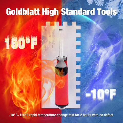 Half Inch Square Notch Trowel With Soft Grip Handle Pro Grade Stainless Steel Build, fire and ice background, temperature test.