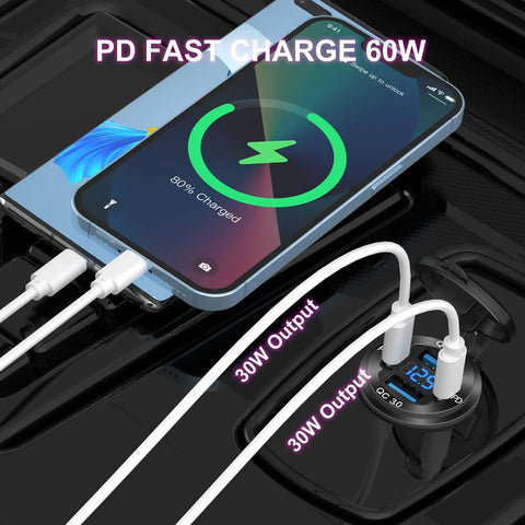 Upgraded Quad Port 12V USB Outlet Aluminum Car Charger With 78W Dual PD USB C And QC Fast Charge charging phone with voltage display