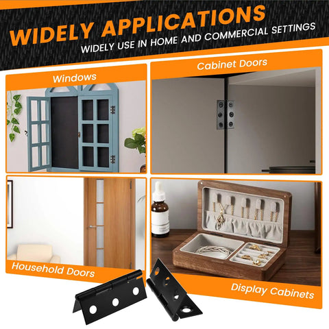 Bulletproof 12 Pack Stainless Steel Mini Folding Butt Hinges Slick Low Profile Design shown in use on cabinet doors, windows, and display cabinets.