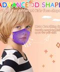 Child wearing purple Kids KN95 Masks 50 Pack 5 Layer Disposable Face Masks In Multicolor Purple Orange Yellow Green Blue With Adjustable Ear Loops For Boys And Girls, Lightweight Breathable And Easy On The Ears For School And Daily Use.
