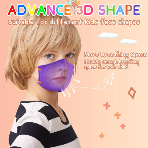 Child wearing purple Kids KN95 Masks 50 Pack 5 Layer Disposable Face Masks In Multicolor Purple Orange Yellow Green Blue With Adjustable Ear Loops For Boys And Girls, Lightweight Breathable And Easy On The Ears For School And Daily Use.