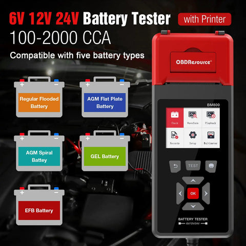 Car Battery Tester With Printer For 6V 12V And 24V Systems, A Handy Load Tester For Everyday Drivers That Quickly Checks Cranking Current, Internal Resistance, Battery Health And Overall Life, With Real Printouts. handheld red plastic tester for car batteries