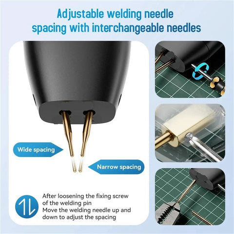 Portable Handheld Spot Welder With 90 Gear Adjustable Settings, close-up on adjustable needle spacing feature