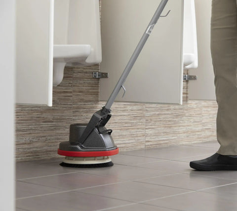 Side view of Multi Purpose Commercial Orbital Floor Cleaner For Hard Floors And Carpets, Random Orbital Drive in use on tiled floor