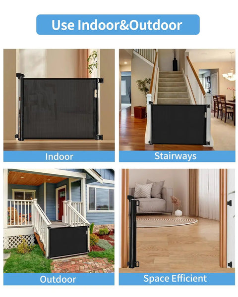 Retractable Baby Gate for Stairs and Doorways, 33 Inch High Expands to 55 Inch Wide, Kid Safe, Pet Friendly Safety Gate in indoor outdoor settings