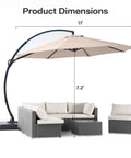 11 Ft Deluxe Cantilever Outdoor Umbrella With Base Included Heavy Duty Rotating Offset Patio All Weather Shade For Market, Pool, Garden, Backyard, Or Deck Beige shown with furniture