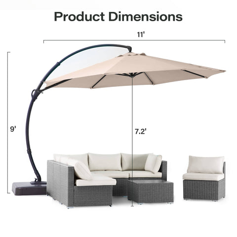 11 Ft Deluxe Cantilever Outdoor Umbrella With Base Included Heavy Duty Rotating Offset Patio All Weather Shade For Market, Pool, Garden, Backyard, Or Deck Beige shown with furniture
