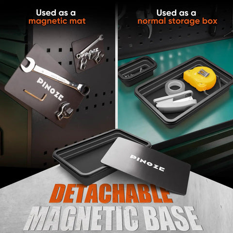 Collapsible Magnetic Parts Tray Organizer Set with 12 Inch Flexible Magnetic Pickup Tool shown as magnetic mat and storage box