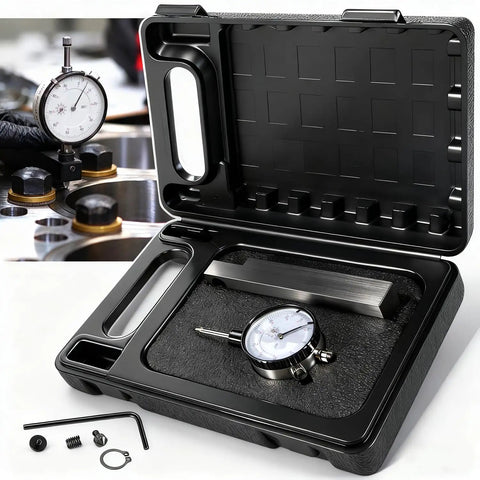 Pro Grade Diesel Engine Sleeve Height And Counter Bore Gauge with 0 to 1 inch range in protective case with parts displayed