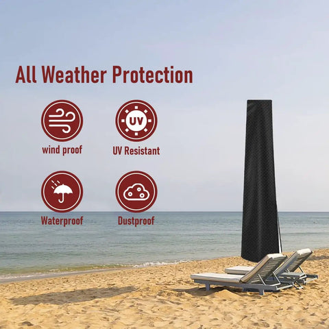 Tough As Nails Waterproof Patio Umbrella Cover With Rod For 7 To 11 Ft Outdoor Umbrellas on beach, weather protection icons