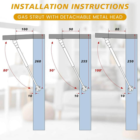 Installation diagram of 30 Pack 10 Inch Gas Struts For Cabinets And Doors With Soft Open Pneumatic Lift For RV Boat Hatch Furniture Lids 100N 22.5lb Heavy Duty Props Includes 29mm Mounts And 49 By 13 Mm Brackets