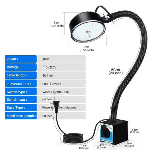 LED Work Light With Magnetic Base Gooseneck 20W 2000LM Flexible Adjustable Machine Light For Garage Workshop Hands Free