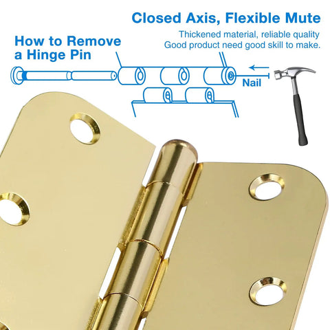 Door Hinges 3.5 Inch Polished Brass, 18 Pack, heavy duty steel, removable pin, close-up view with instructions and hammer illustration.