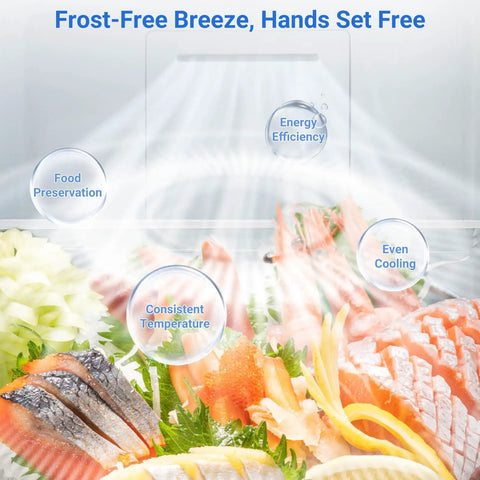 No Sweat 21 Cubic Foot Upright Convertible Freezer And Refrigerator With Built Tough Stainless Steel Exterior showcasing food preservation features.
