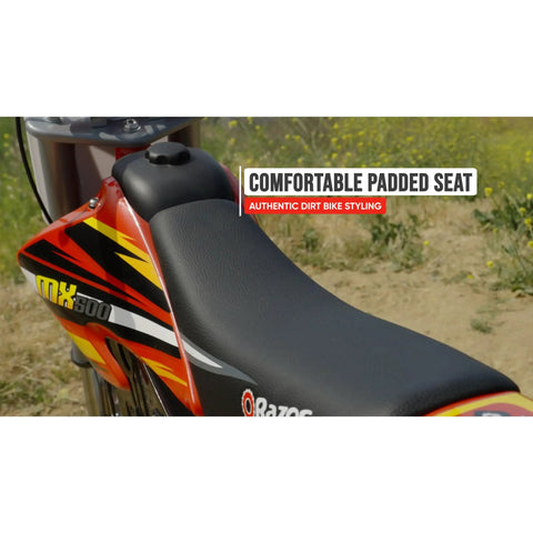 Side view of MX500 Dirt Rocket Electric Ride On Bike with padded seat, red body, designed for teens ages 14 and up