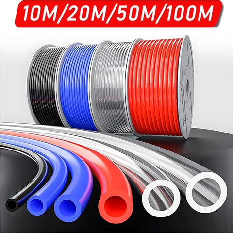 Heavy Duty Pneumatic Hose 50 Meter Length Transparent PU Air Line Tubing in various colors and sizes on display.