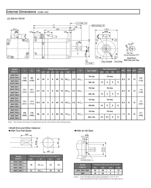 CHUNYE SGMJV-02ADE6S servo motor, 200W; engineering drawing with front and side views and external dimensions.