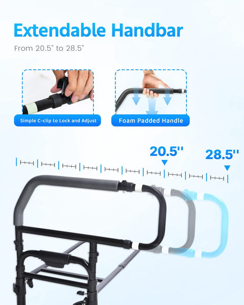 Extendable handle of Bedside Safety Rail for Seniors and Recovery Adjustable Bed Assist Rail with Retractable Height Fits Thick Mattresses Supports Up to 300 Lbs Easy In and Out Fall Prevention Post Surgery Help