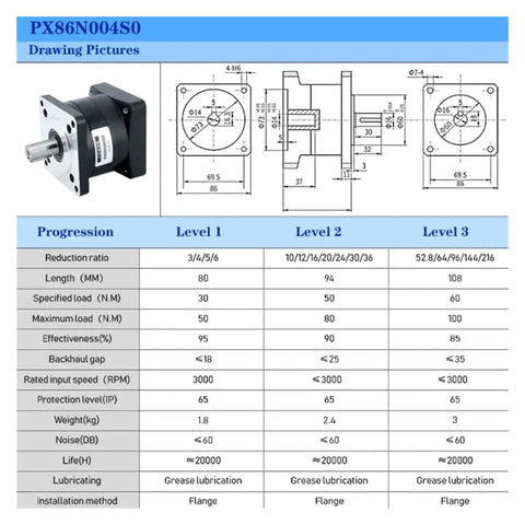 Diagram and specifications of Planetary Gearbox Reducer For Nema 34 Stepper Motor 86mm Frame Beefy Torque Speed Reducer