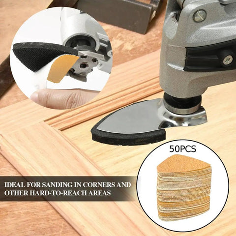 119 Piece Multitool Sanding Pads Set for Oscillating Tools with triangle sandpaper on wood surface
