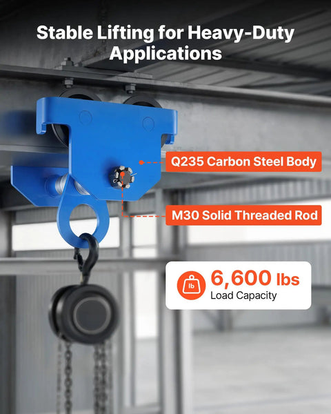 Heavy-Duty Manual Trolley For I-Beams, 3 Ton Load Capacity, Dual-Wheel Runner, carbon steel construction