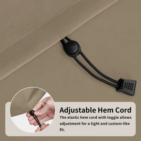 Close-up of Heavy Duty 600D Outdoor Daybed Cover 75 Inch Diameter Round Waterproof Sofa Cover With Air Vent UV Resistant Camel Color showing adjustable hem cord.
