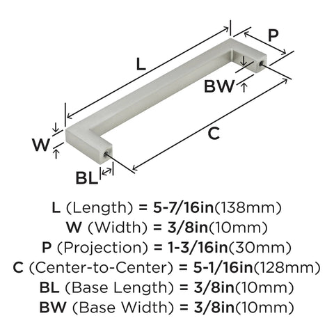 Monument Satin Nickel Cabinet Pull Modern Drawer Handle For Cabinets Or Furniture 128 Mm Center To Center dimensions diagram.