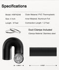 Flexible 4 Inch Dryer Vent Hose 8 Feet Long DIY Friendly Aluminum Foil Ducting With PVC Layer Insulated For Dryers And HVAC Ventilation Easy Cut To Size Quick Clamp Installation Includes 2 Clamps, hose and clamps shown
