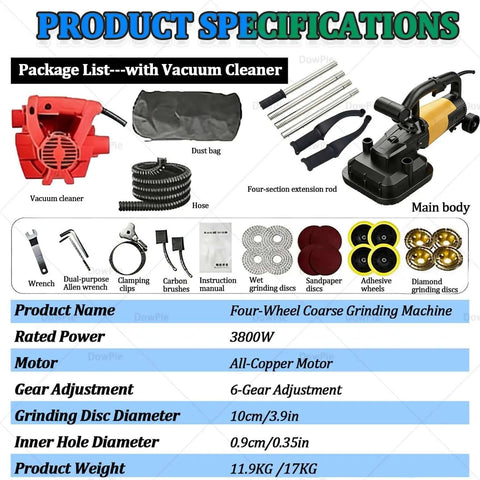 Four Head Floor Polisher Dustless Concrete Grinder With Wet Dry Modes shown with vacuum attachment and accessories