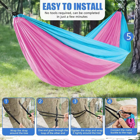 Camping Hammock For All Adventures Heavy Duty Nylon 500 Pound Capacity Portable Lightweight Single Or Double with tree straps and carry bag setup.