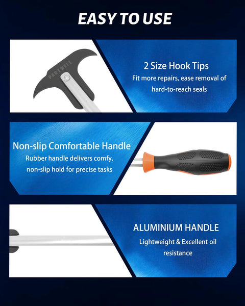 5 Piece Seal Puller And Pick And Hook Set For Automotive Repair, Heavy Duty Oil Seal Remover Tools For O Rings, Clips, Gaskets, Washers And Small Parts, Ideal For Tight Spaces And Everyday Car Mechanic Diy Jobs. aluminum handle and hook tip close-up