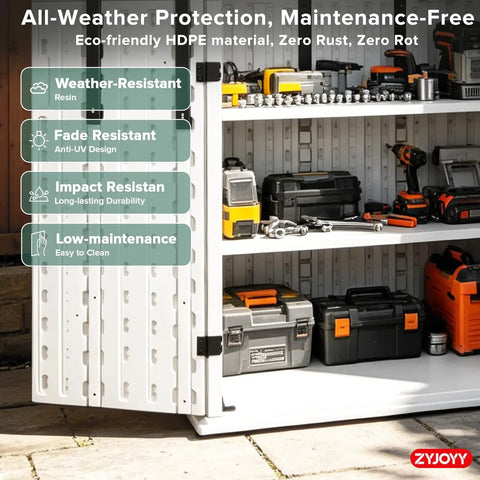 Weatherproof Outdoor Storage Cabinet With Four Shelves And Lockable Door Built To Last Tall White Resin Shed Stands 66 Inches High 30 Cu Ft Capacity For Patio Garden Yard HDPE Double Wall Panels Vertical Tool Storage, open view with organized tools inside.