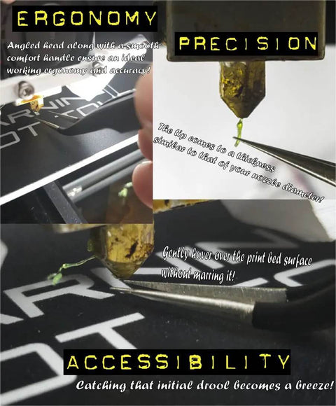 Close-up of 3D printer nozzle being cleaned with Pro Grade 11 Piece 0.4mm Nozzle Cleaning Kit With Stainless Steel Tweezers And Flexible Cleaning Needles