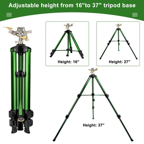 Impact Sprinkler On Tripod Base 2 Pack For Lawn Yard Garden With 360 Degree Coverage, shown with adjustable height from 16 to 37 inches