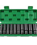 Built Tough Ten Piece Half Inch Drive Impact Socket Set Metric Deep Well Six Point Chrome Vanadium Wrenches in green case.