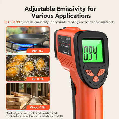 Infrared Thermometer Non Contact Temperature Gun with Laser, adjusting emissivity for different materials like iron, oil, wood.