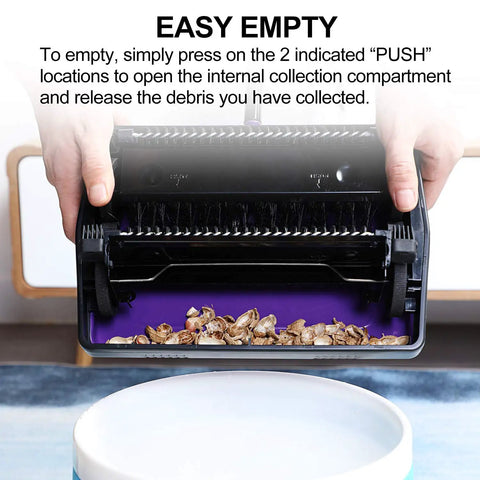 Lightweight Manual Carpet Sweeper and Rug Cleaner Cruises Across Carpets Without Breakin A Sweat Picks Up Pet Hair and Dust Like A Charm For Quick Daily Cleanup Sessions easy empty compartment showing debris removal.