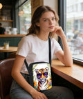 Woman wearing Hands Free Crossbody Sling Bag For Women And Men Ultra Lightweight Everyday Chest Pack With Adjustable Strap And Zipper Small Messenger Style Bag For Travel Work And Daily Use Tiger Print With Sunglasses in a cafe