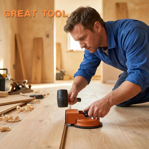 Person using Floor Gap Fixer Tool For Laminate And Hardwood Floors, Heavy Duty Suction Cup Gap Repair Kit with a widened striking face.