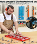 Man using 62 Nut And Bolt Thread Checker Gauge With Standard And Metric Sizing, tool on workbench in garage or workshop.