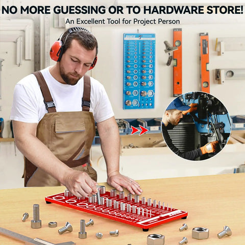 Man using 62 Nut And Bolt Thread Checker Gauge With Standard And Metric Sizing, tool on workbench in garage or workshop.