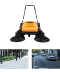 No Sweat Hand Push Floor Sweeper 41 Inch Walk Behind Outdoor Pavement Cleaner With 55 Liter Dust Bin for clearing debris.