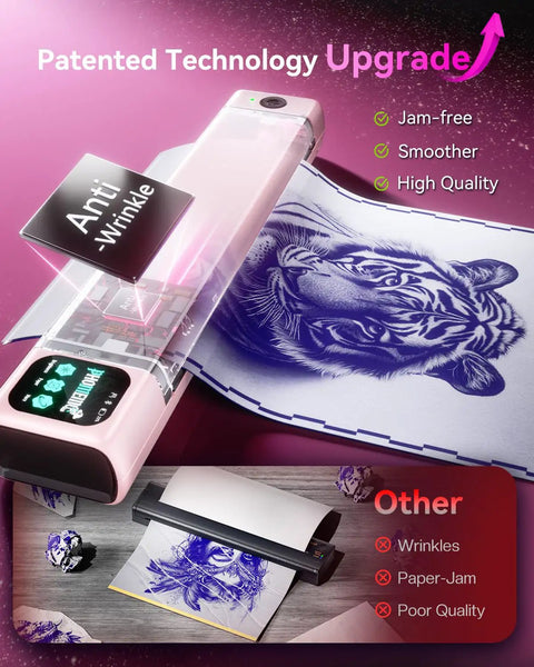 M08F Plus Tattoo Stencil Printer With Touchscreen And Bluetooth showing anti-wrinkle feature, pink model, and tiger stencil print