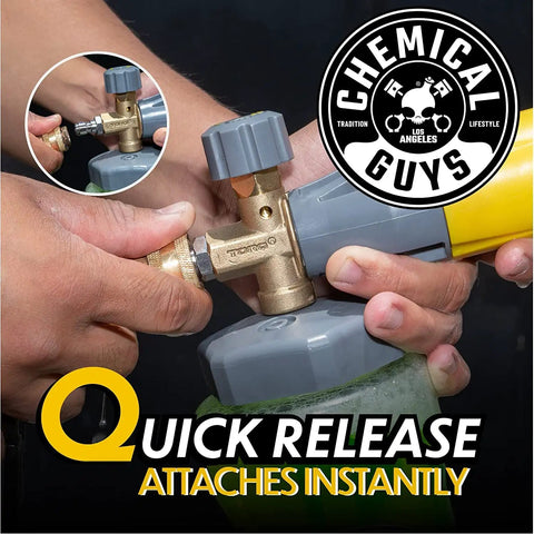 Hands connecting Big Mouth Max Release Foam Cannon For Pressure Washer 34 Ounce Bottle with a quick-release mechanism.