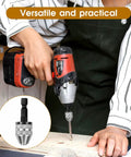 Person using impact driver with Two Pack Keyless Drill Chuck Set For Impact Driver With Quick Change One Quarter Inch Hex Shank Dual Size Chucks Zero Point Three To Six Point Five Millimeters And Zero Point Three To Three Point Six Millimeters Easy Bit Swaps Conversion Adapter on wooden surface.