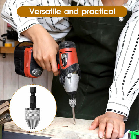 Person using impact driver with Two Pack Keyless Drill Chuck Set For Impact Driver With Quick Change One Quarter Inch Hex Shank Dual Size Chucks Zero Point Three To Six Point Five Millimeters And Zero Point Three To Three Point Six Millimeters Easy Bit Swaps Conversion Adapter on wooden surface.